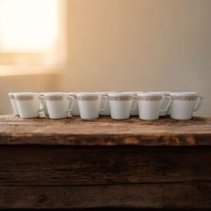 Pyrex Woodland Brown Milk Glass Coffee Mugs — Set of 12 (1978–81, Made in USA)